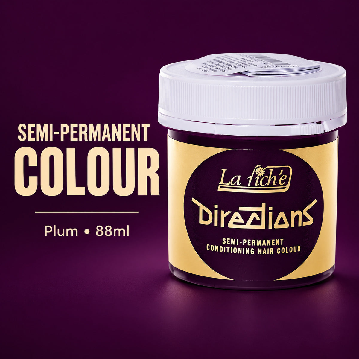 A jar of La Fiché Directions Semi-Permanent Conditioning Hair Colour in the Plum shade, 88ml. The product is shown on a dark plum purple background with text overlays on the left.
