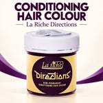 A jar of La Riche Directions Conditioning Hair Colour shown on a cream background with purple text and decorative swooshes. The product is a semi-permanent conditioning hair color in a clear jar with a white lid and a yellow-and-purple label.