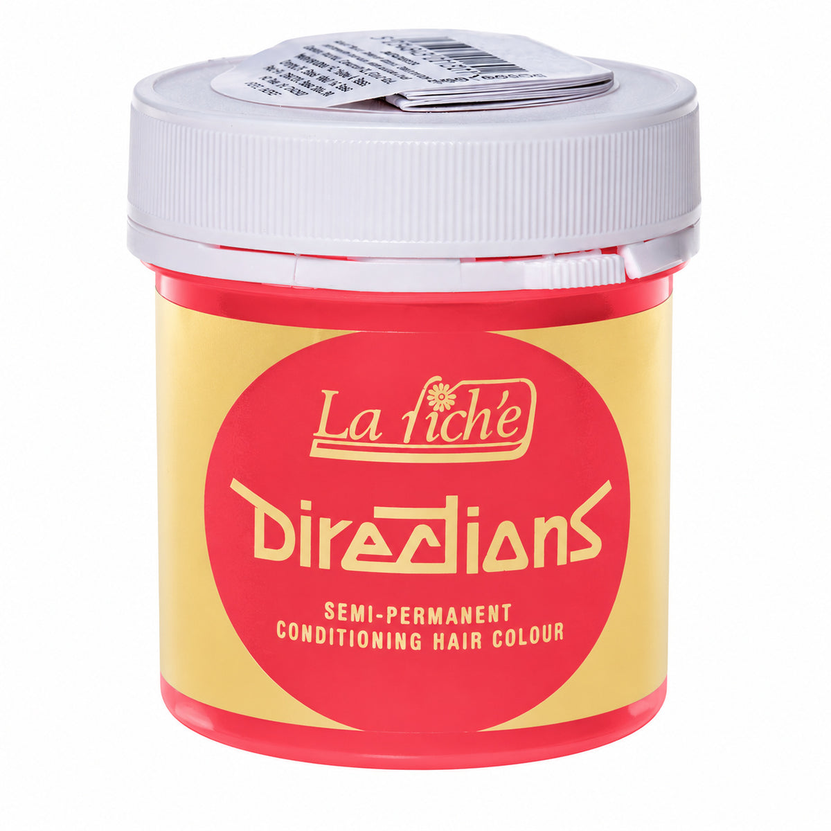 A jar of La Fiché Directions semi-permanent conditioning hair colour, featuring a red and yellow label with a white screw-on lid.