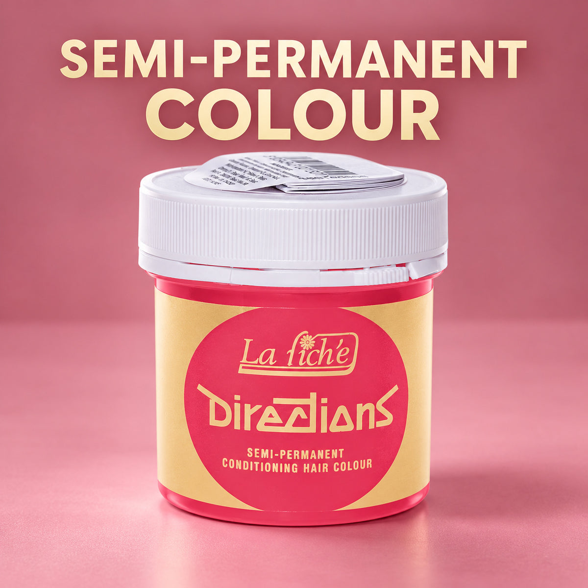 A jar of La Féche Directions semi-permanent conditioning hair colour, shown against a pink background with text reading 'SEMI-PERMANENT COLOUR'. The product container has a white lid and a yellow and pink label.
