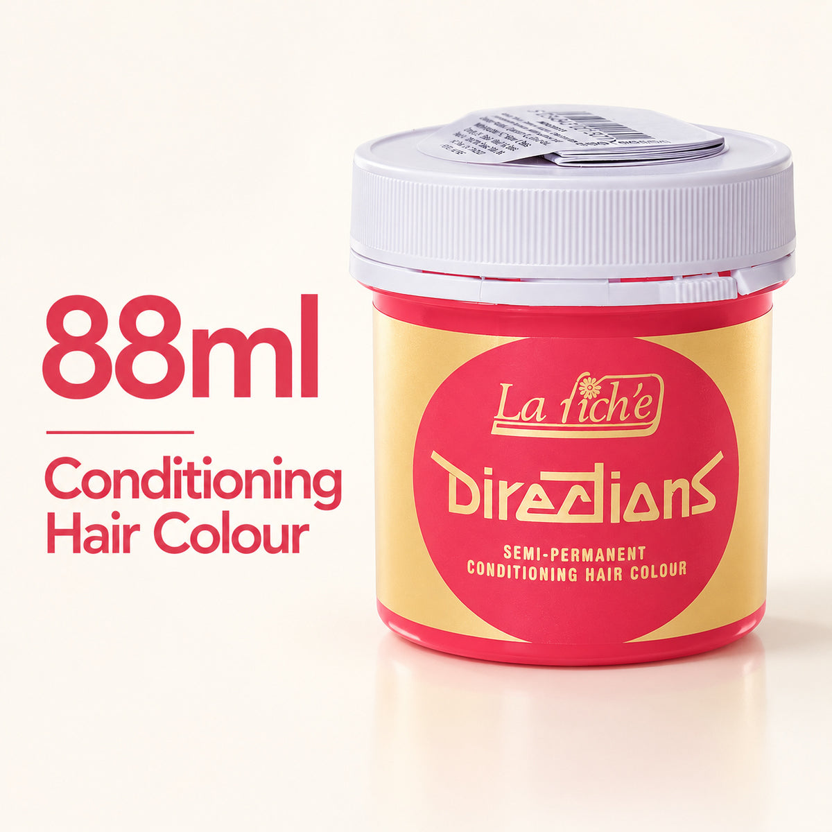 A jar of La Fiche Directions Conditioning Hair Colour in red, with a white lid and a yellow and red label, shown next to text reading '88ml Conditioning Hair Colour' on a light beige background.