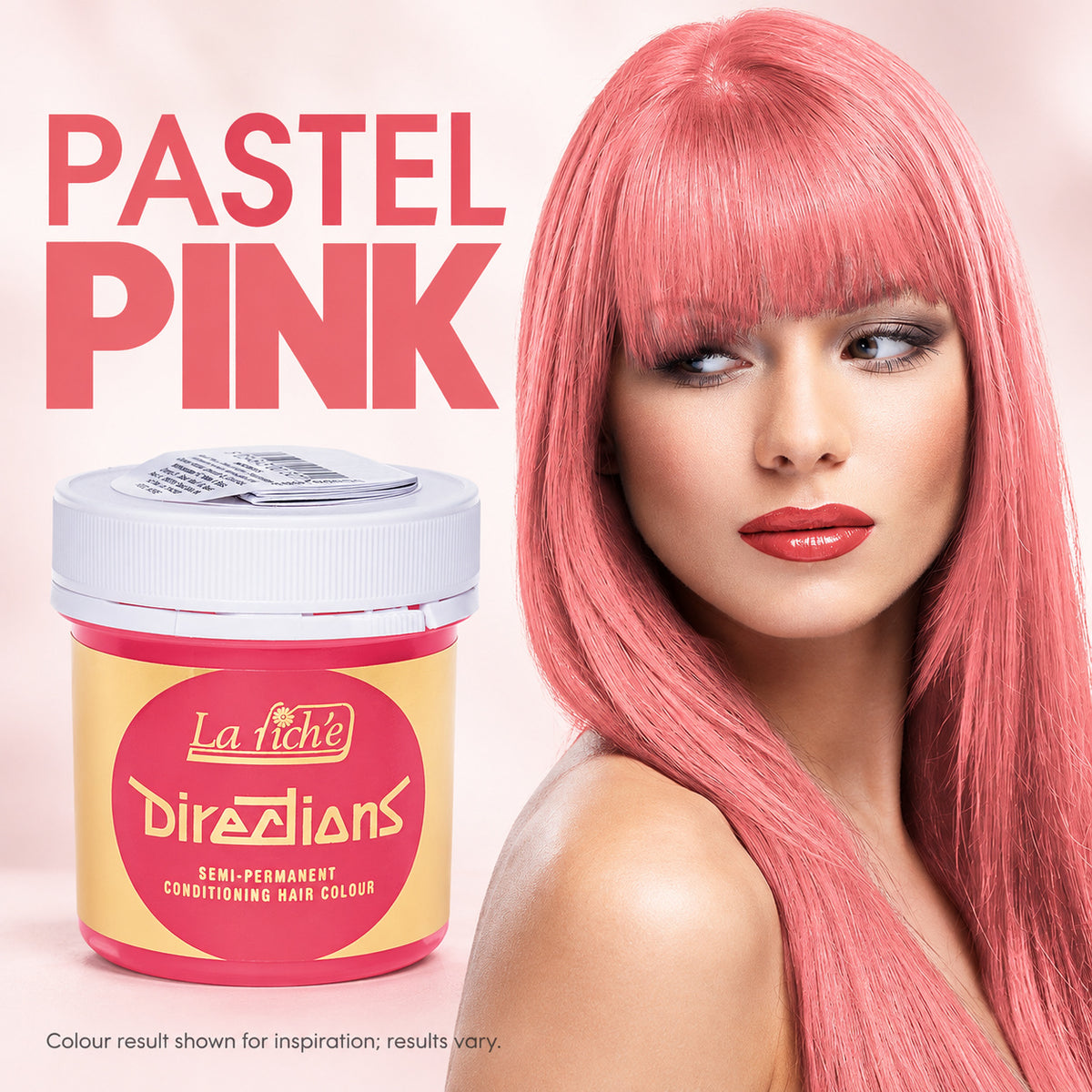 La Féchée Direzians semi-permanent conditioning hair colour in Pastel Pink, shown as a yellow and pink jar next to a model with long, straight pastel pink hair.