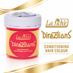 Directions La Fiche Conditioning Hair Colour semi-permanent hair dye in a clear plastic jar with a white lid and a yellow label featuring a red circle logo. The background is white with gold decorative ribbons and brand text.