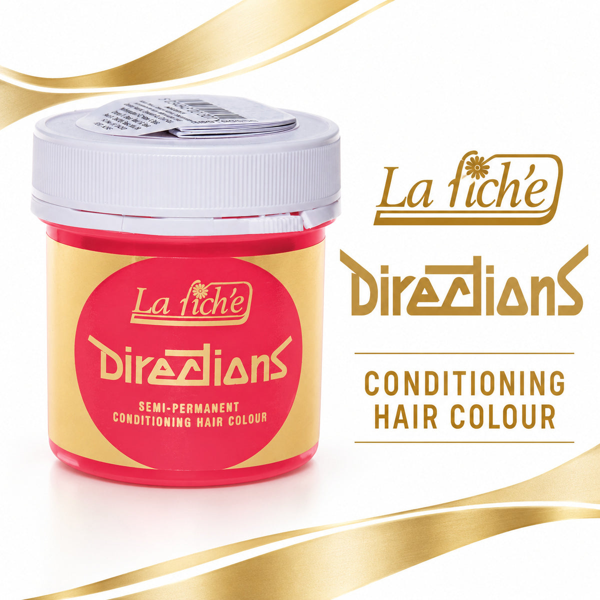 Directions La Fiche Conditioning Hair Colour semi-permanent hair dye in a clear plastic jar with a white lid and a yellow label featuring a red circle logo. The background is white with gold decorative ribbons and brand text.