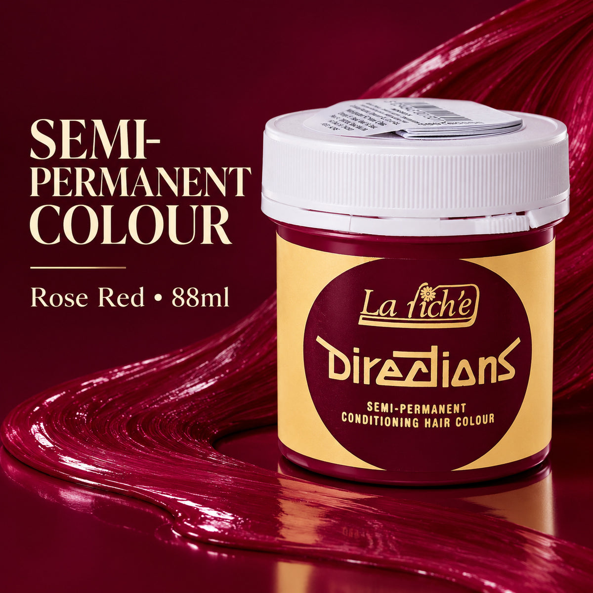 A jar of La Tiché Directions semi-permanent hair color in the shade Rose Red, set against a dark red background with glossy hair swatches. The product packaging features a white lid and a yellow label with a dark red circular logo.