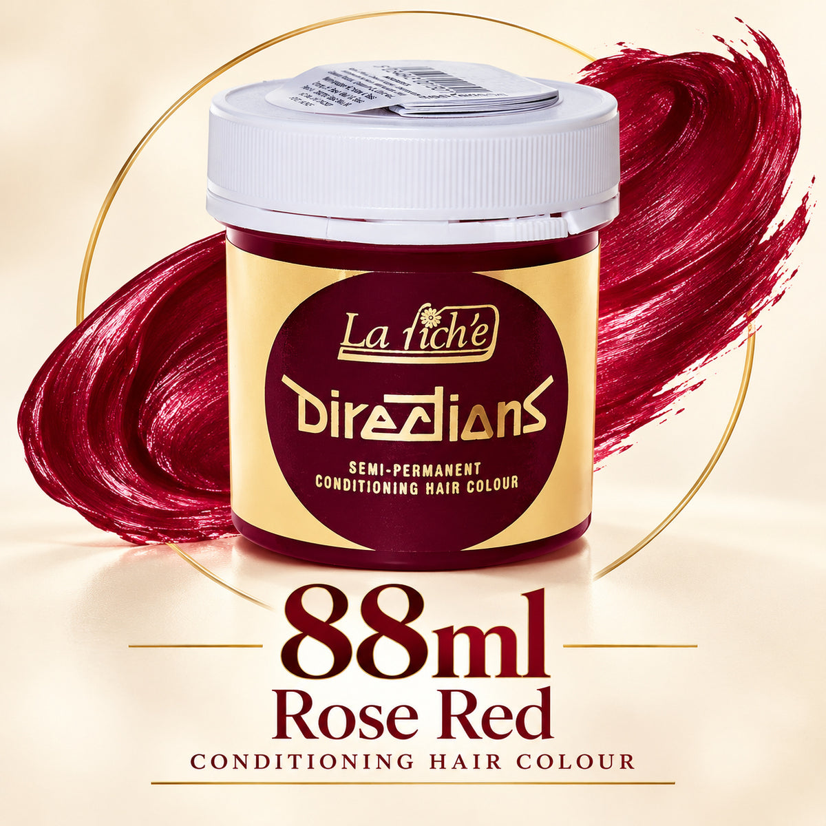 A jar of La Riché Directions semi-permanent conditioning hair colour in shade Rose Red, shown with a white lid and a gold label, set against a cream background with a red hair stroke graphic and text indicating 88ml.