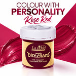 A jar of La Tiche Directions Semi-Permanent Conditioning Hair Colour in 'Rose Red', set against a white background with a bold magenta paint stroke and promotional text.