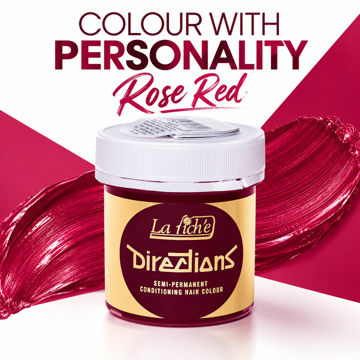 A jar of La Tiche Directions Semi-Permanent Conditioning Hair Colour in 'Rose Red', set against a white background with a bold magenta paint stroke and promotional text.
