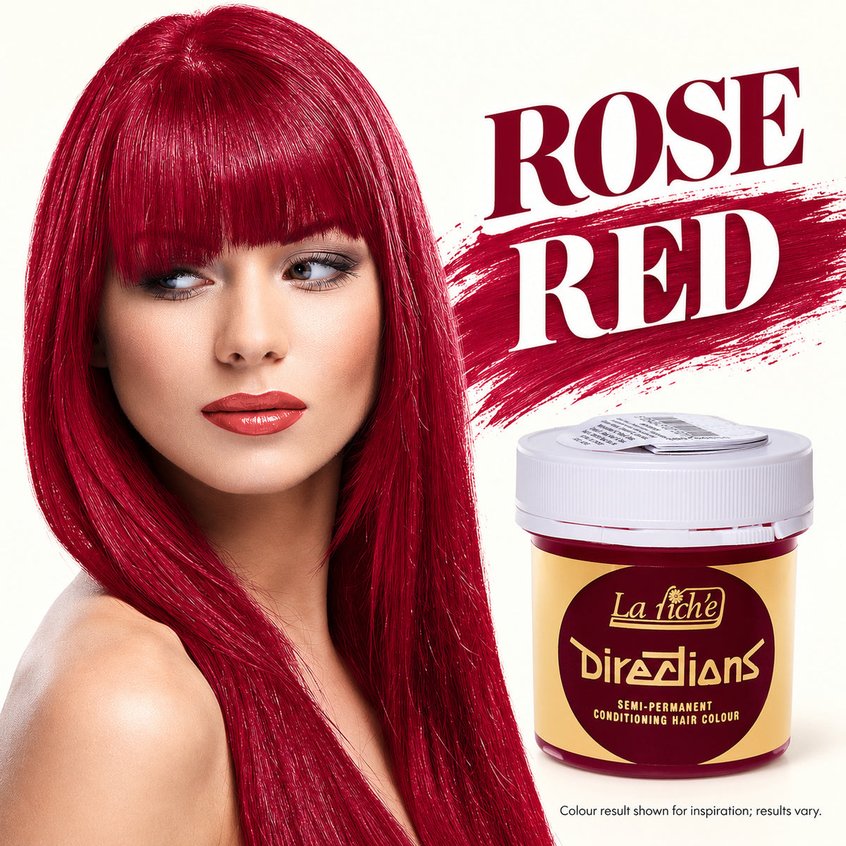 A woman with long, straight, vivid rose-red hair is shown beside a jar of La Riche Directions semi-permanent conditioning hair colour. Large text reads 'ROSE RED' over a red paint-stroke background, with small text noting the colour result is shown for inspiration and may vary.