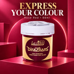 A jar of La Tiche Directions semi-permanent conditioning hair colour in the shade Rose Red, set against a dark red geometric background with promotional text.