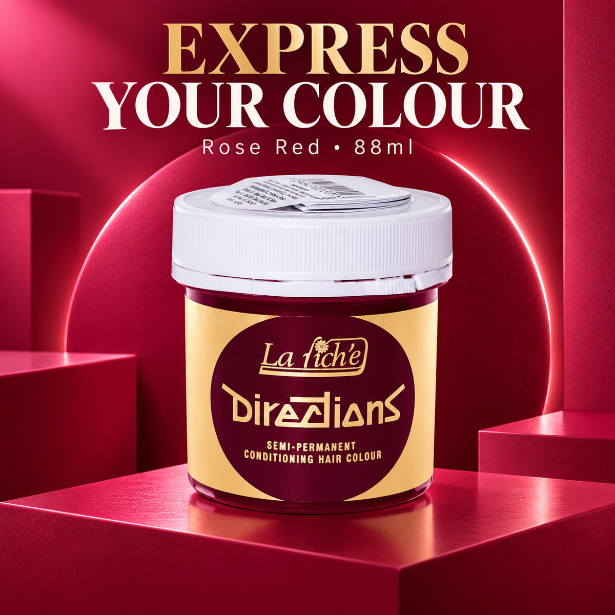 A jar of La Tiche Directions semi-permanent conditioning hair colour in the shade Rose Red, set against a dark red geometric background with promotional text.