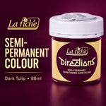 A jar of La fiché Directions semi-permanent hair color in the shade Dark Tulip, shown against a dark purple background with product information text on the left.