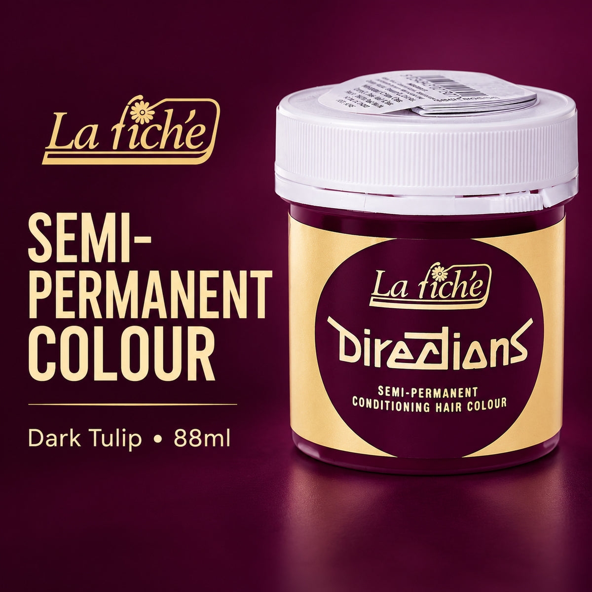 A jar of La fiché Directions semi-permanent hair color in the shade Dark Tulip, shown against a dark purple background with product information text on the left.