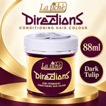 A jar of La Tiché Directions Semi-Permanent Conditioning Hair Colour in the Dark Tulip shade, displayed on a gold pedestal against a cream and gold background with product details.