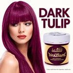 A woman with long, straight dark tulip purple hair is shown next to a jar of La Roche Directions semi-permanent hair colour. The text 'DARK TULIP' is displayed prominently on a white background.