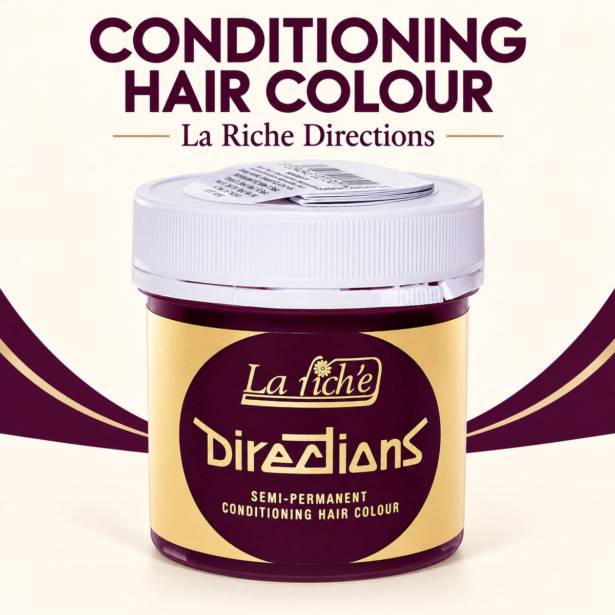 A jar of La Riche Directions Conditioning Hair Colour shown on a cream background with dark purple text and decorative swooshes. The product container has a white lid and a gold and dark purple label.