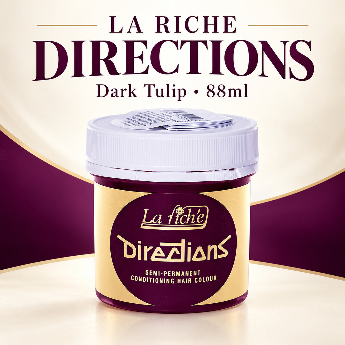 A jar of La Riche Directions Semi-Permanent Conditioning Hair Colour in 'Dark Tulip', featuring a gold and dark purple label with a white cap, set against a cream and dark purple graphic background with product text.