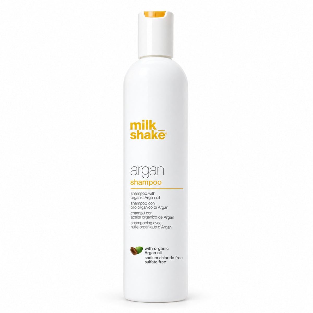 A white bottle of Milk Shake Argan Shampoo with a white cap featuring a small orange accent, set against a plain white background.