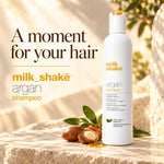 A bottle of Milk Shake Argan Shampoo stands on a stone surface with argan nuts and leaves nearby. Large text on the left reads 'A moment for your hair' and 'milk_shake argan shampoo.