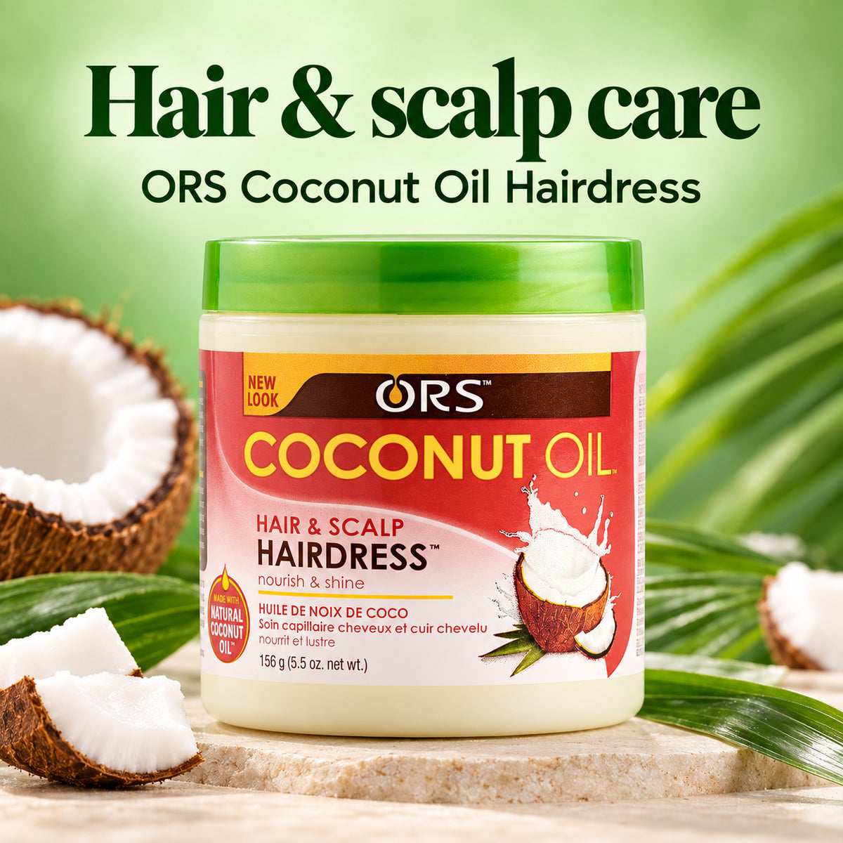 A jar of ORS Coconut Oil Hairdress hair and scalp care product centered on a light stone surface, with coconuts, green leaves, and large promotional text reading 'Hair & scalp care' and 'ORS Coconut Oil Hairdress' in the background.