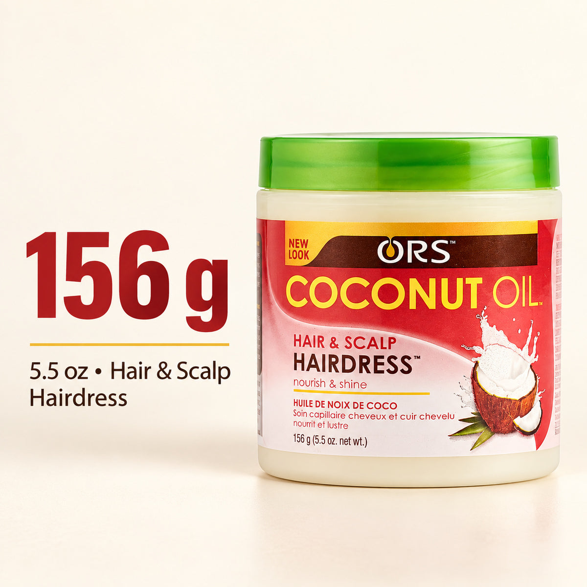 A 5.5 oz jar of ORS Coconut Oil Hair & Scalp Hairdress with a green lid and red/white label, shown on a light beige background with '156 g' text on the left.