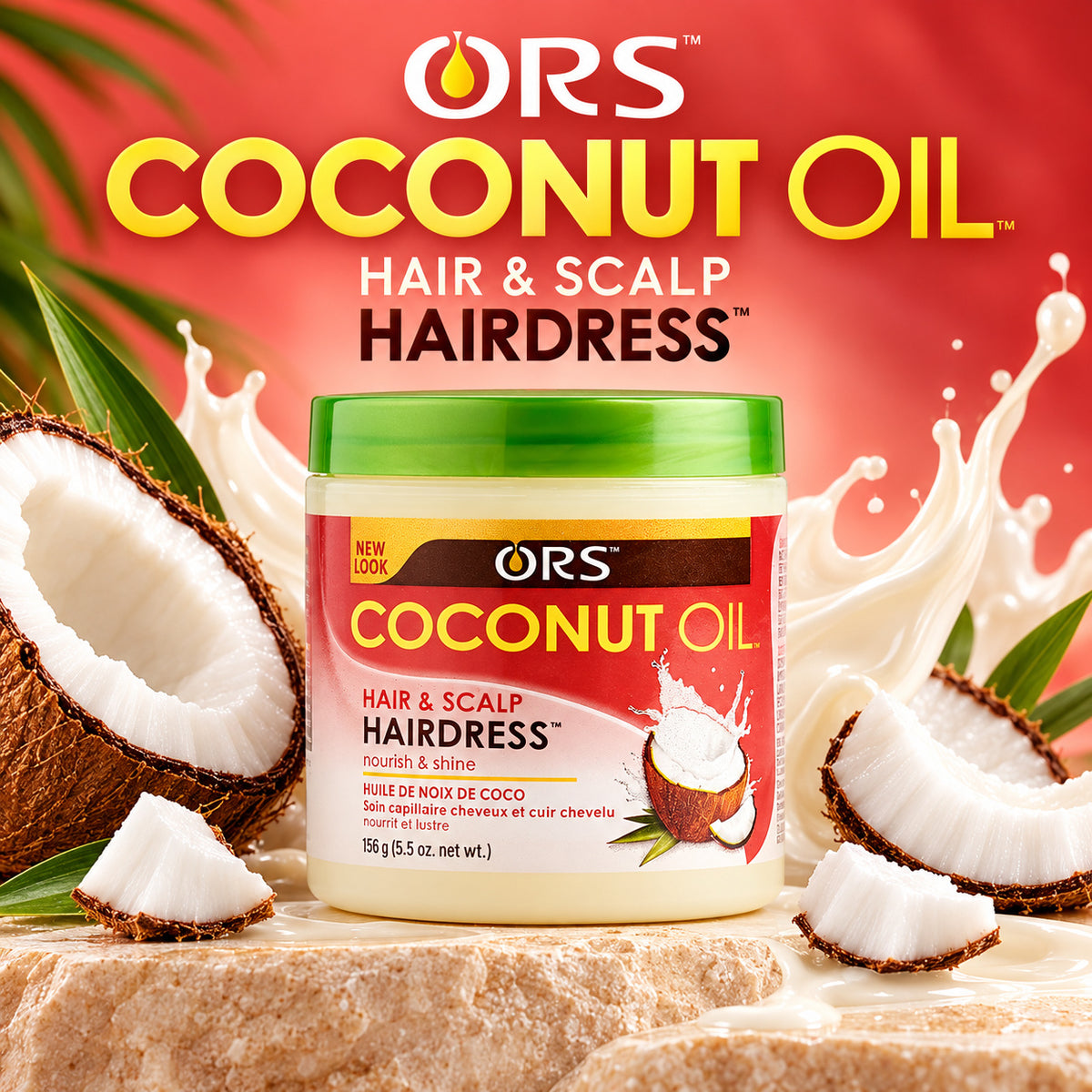 A jar of ORS Coconut Oil Hair & Scalp Hairdress shown on a styled set with coconuts, cream splashes, and a red background. The product container has a green lid and a red and white label with coconut imagery.