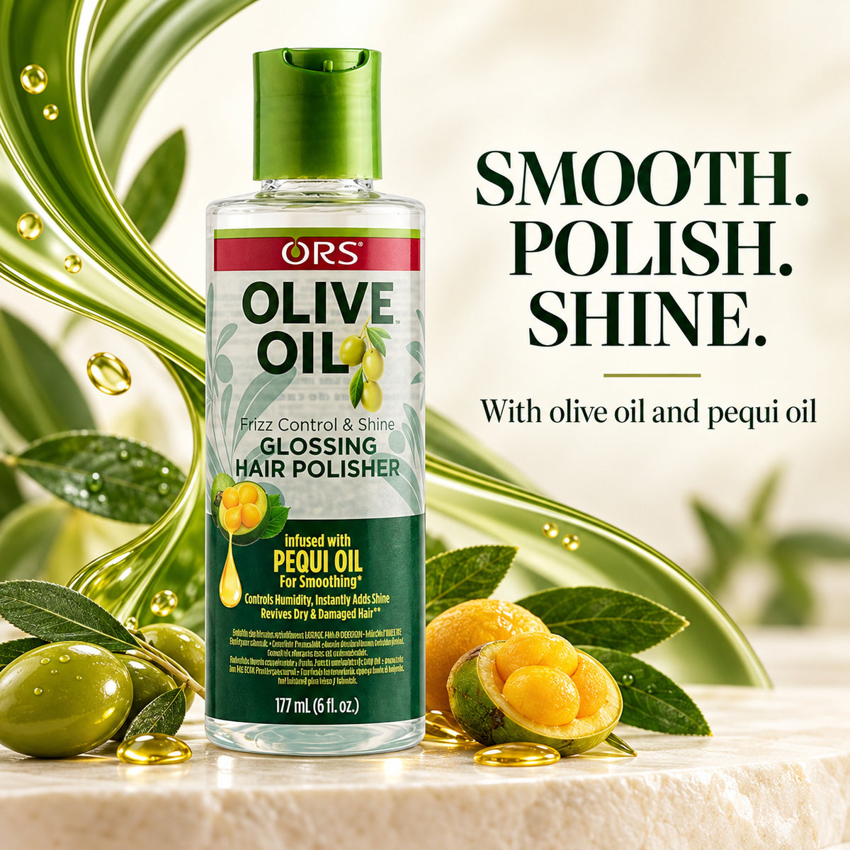 A bottle of ORS Olive Oil Glossing Hair Polisher stands on a light stone surface with olive oil droplets, whole and halved olives, and green leaves around it. Large text on the right reads 'SMOOTH.