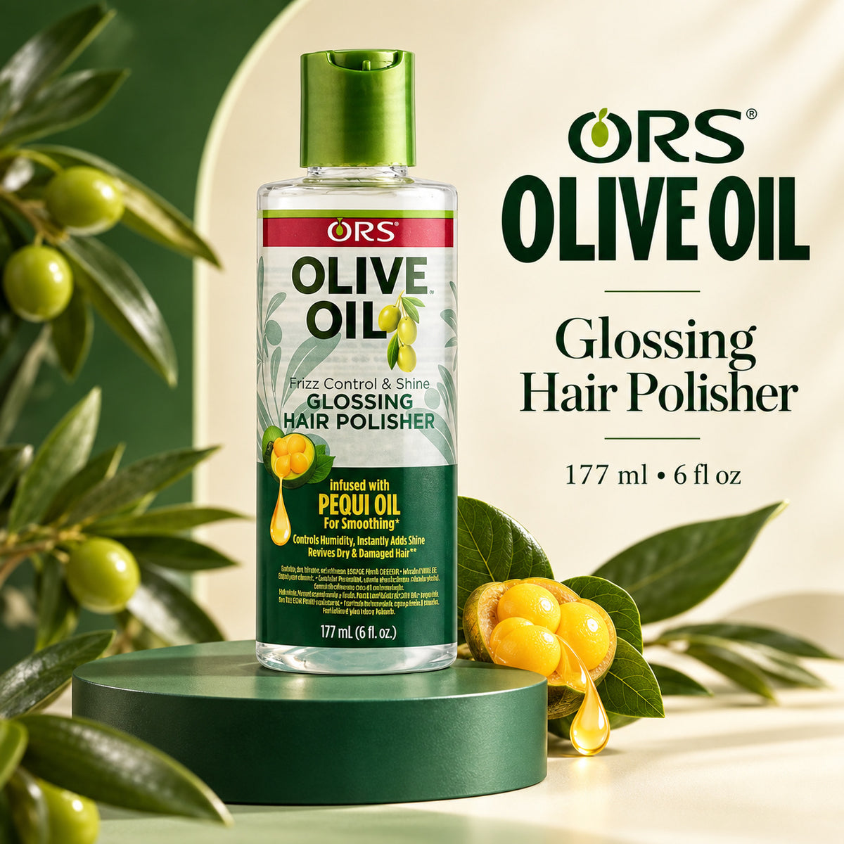 A bottle of ORS Olive Oil Glossing Hair Polisher stands on a green pedestal, surrounded by olive branches and olives, with large product text on a cream and green background.