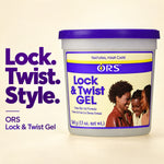A tub of ORS Lock & Twist Gel hair gel shown on a light beige background with large purple text reading 'Lock. Twist.