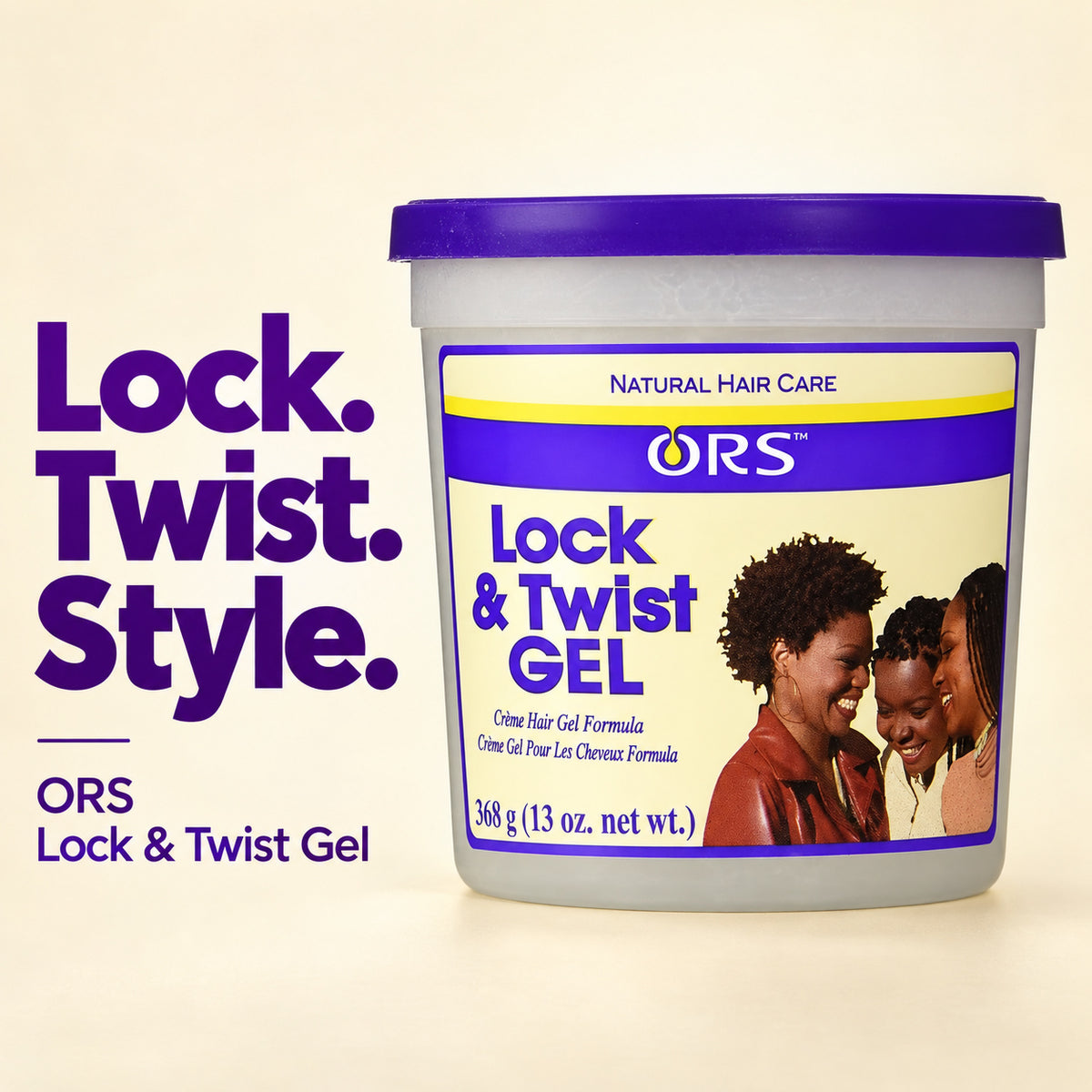 A tub of ORS Lock & Twist Gel hair gel shown on a light beige background with large purple text reading 'Lock. Twist.
