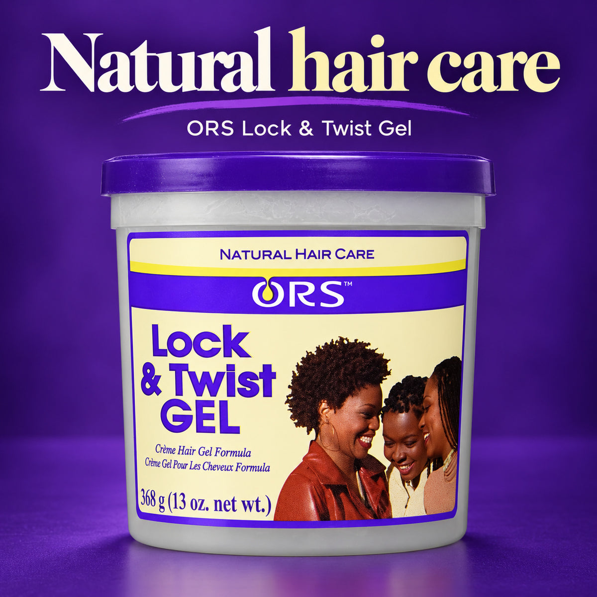 A tub of ORS Lock & Twist Gel hair care product on a purple gradient background with large text reading 'Natural hair care' and 'ORS Lock & Twist Gel.' The container is white with a purple lid and a cream label featuring a photo of smiling women.