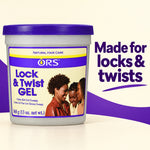 A tub of ORS Lock & Twist Gel for Chinese hair extensions, shown on a light cream background with a purple graphic accent and the text 'Made for locks & twists'. The product container is white with a purple lid and a purple and cream label featuring a photo of a woman with hair.