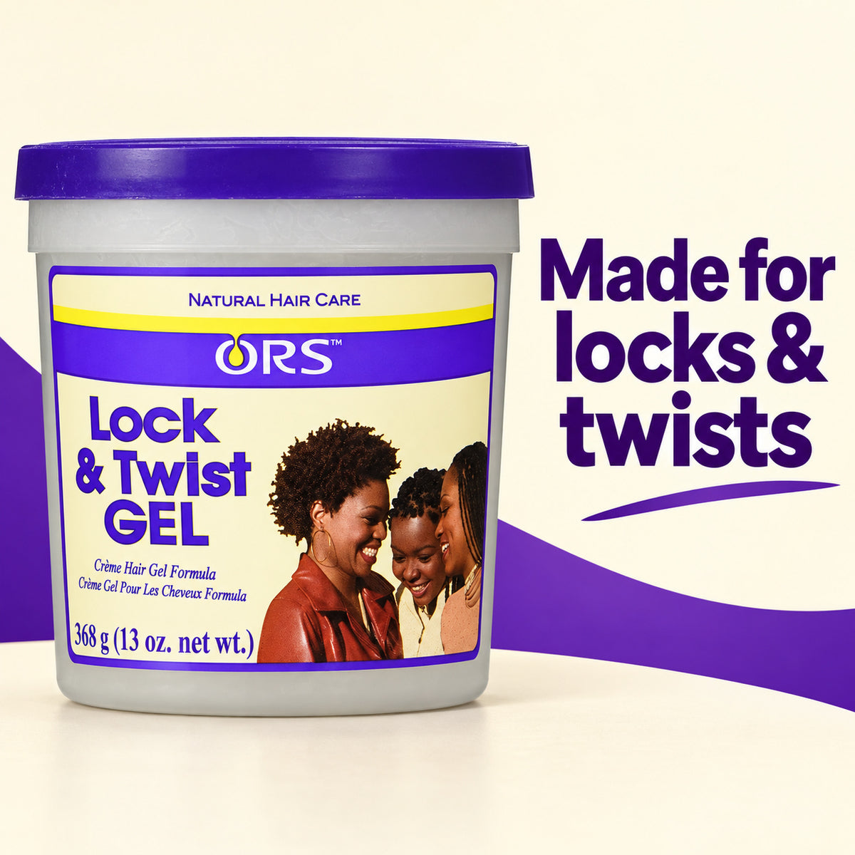 A tub of ORS Lock & Twist Gel for Chinese hair extensions, shown on a light cream background with a purple graphic accent and the text 'Made for locks & twists'. The product container is white with a purple lid and a purple and cream label featuring a photo of a woman with hair.