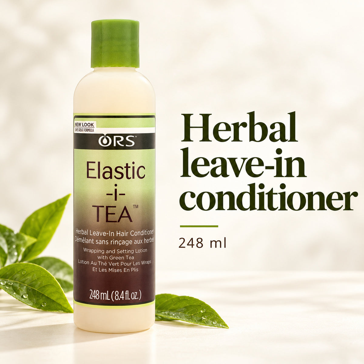 A bottle of ORS Elastic-i-Tea Herbal Leave-In Conditioner with a green cap and green label accents, shown on a bright white background with green leaves and the text 'Herbal leave-in conditioner 248 ml'.