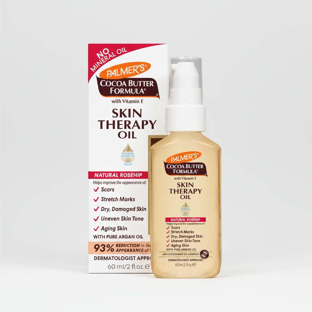 Palmer's Cocoa Butter Formula Skin Therapy Oil in a clear bottle with a white pump, packaged with a box that has images highlighting the product's benefits like smoothing skin, reducing stretch marks, and improving skin tone.