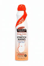 A can of Palmer's Cocoa Butter Spray Lotion for Stretch Marks, with a predominantly white body and orange design, including the brand's logo and product information.