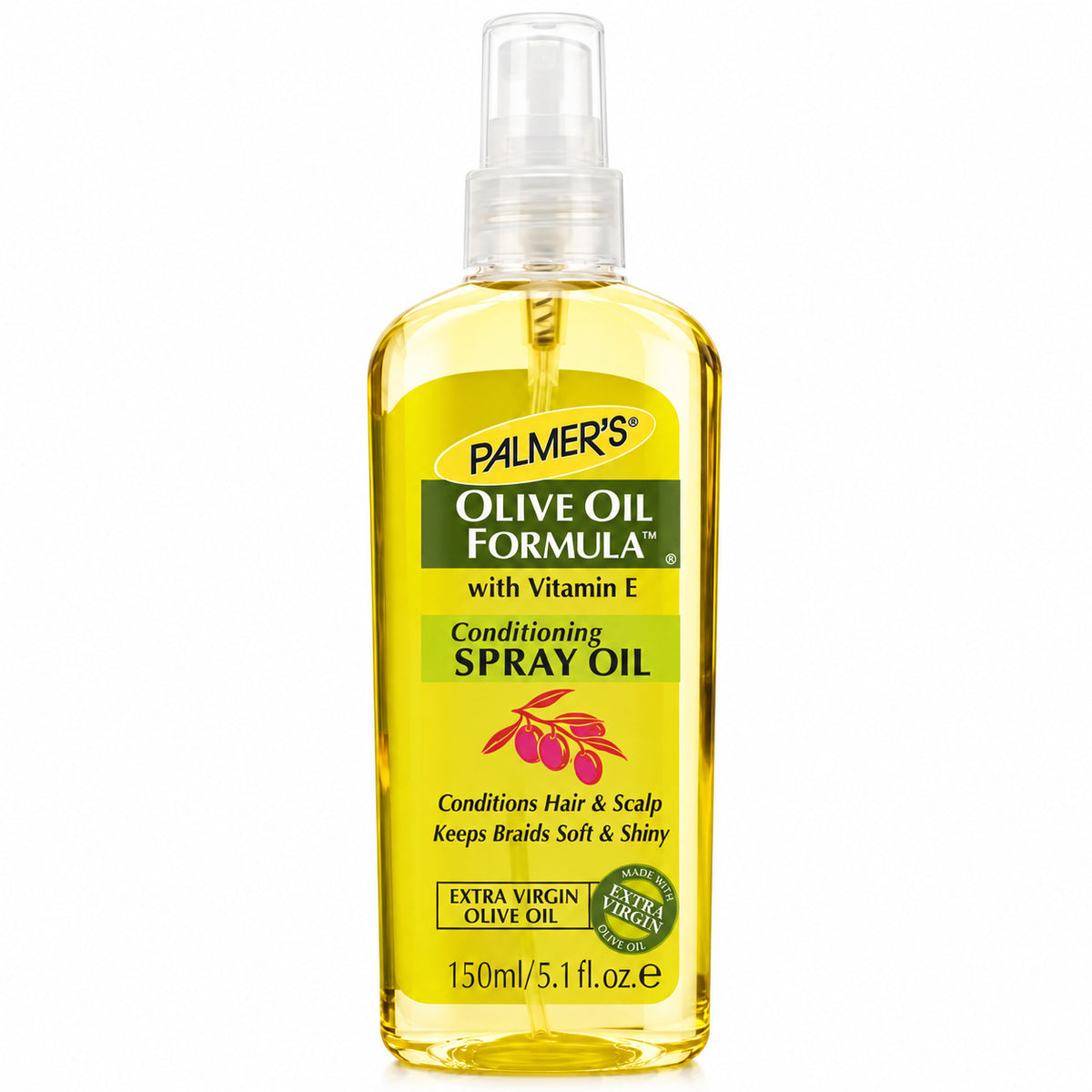 A 150ml bottle of Palmer's Olive Oil Formula Conditioning Spray Oil, filled with yellow oil and featuring a green and yellow label, on a white background.