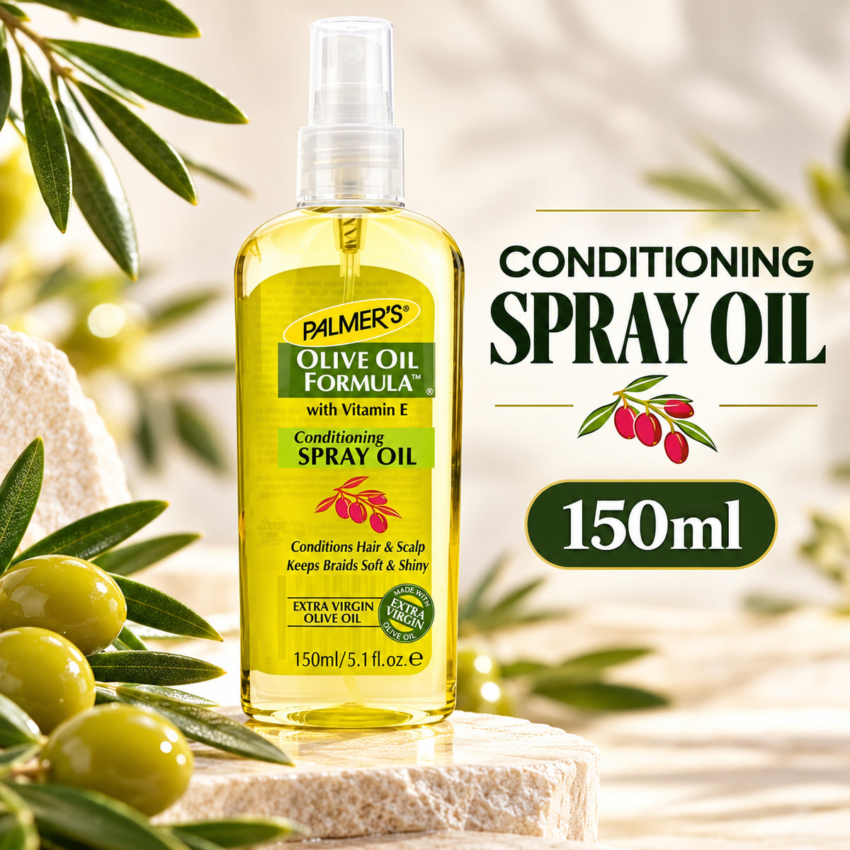 A bottle of Palmer's Olive Oil Formula Conditioning Spray Oil, 150ml, displayed on a stone slab with olive branches and leaves against a warm, softly blurred background.