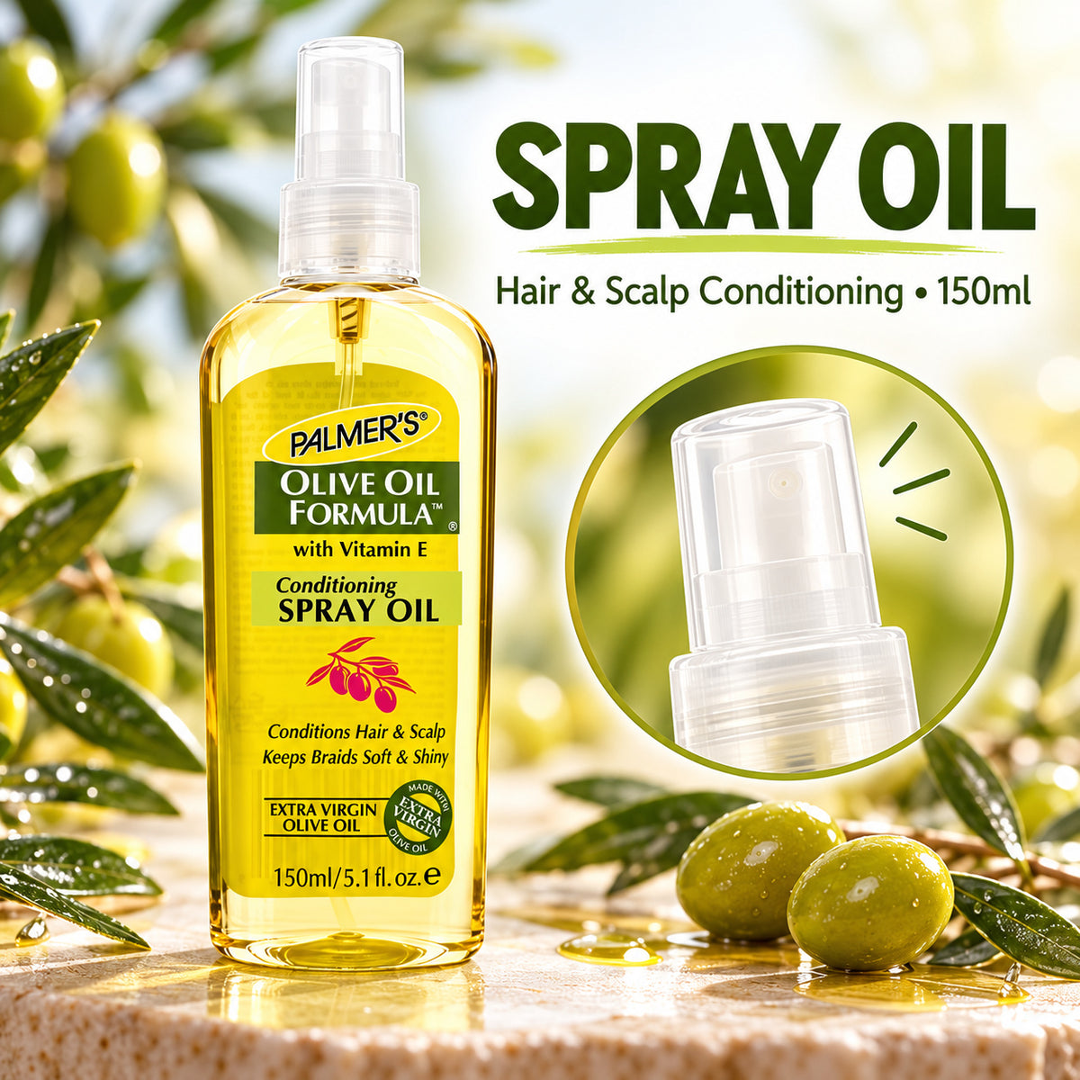 A bottle of Palmer's Olive Oil Formula Conditioning Spray Oil with Vitamin E, shown on a stone surface with olives and olive branches in the background. The image includes text reading 'SPRAY OIL' and 'Hair & Scalp Conditioning • 150ml', plus a circular inset showing the spray nozzle.