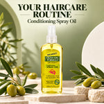 A bottle of Palmer's Olive Oil Formula Conditioning Spray Oil stands on a stone surface with olive branches and stones around it. Large text at the top reads 'YOUR HAIRCARE ROUTINE Conditioning Spray Oil'.
