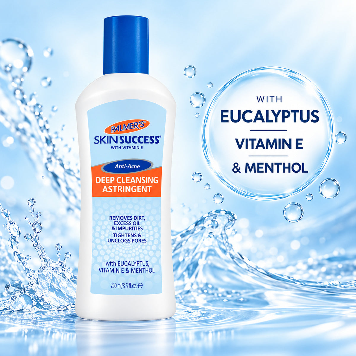 A bottle of Palmer's Skin Success Deep Cleansing Astringent with a blue cap, set against a water-splashed blue background with a circular callout that reads 'WITH EUCALYPTUS VITAMIN E & MENTHOL'.