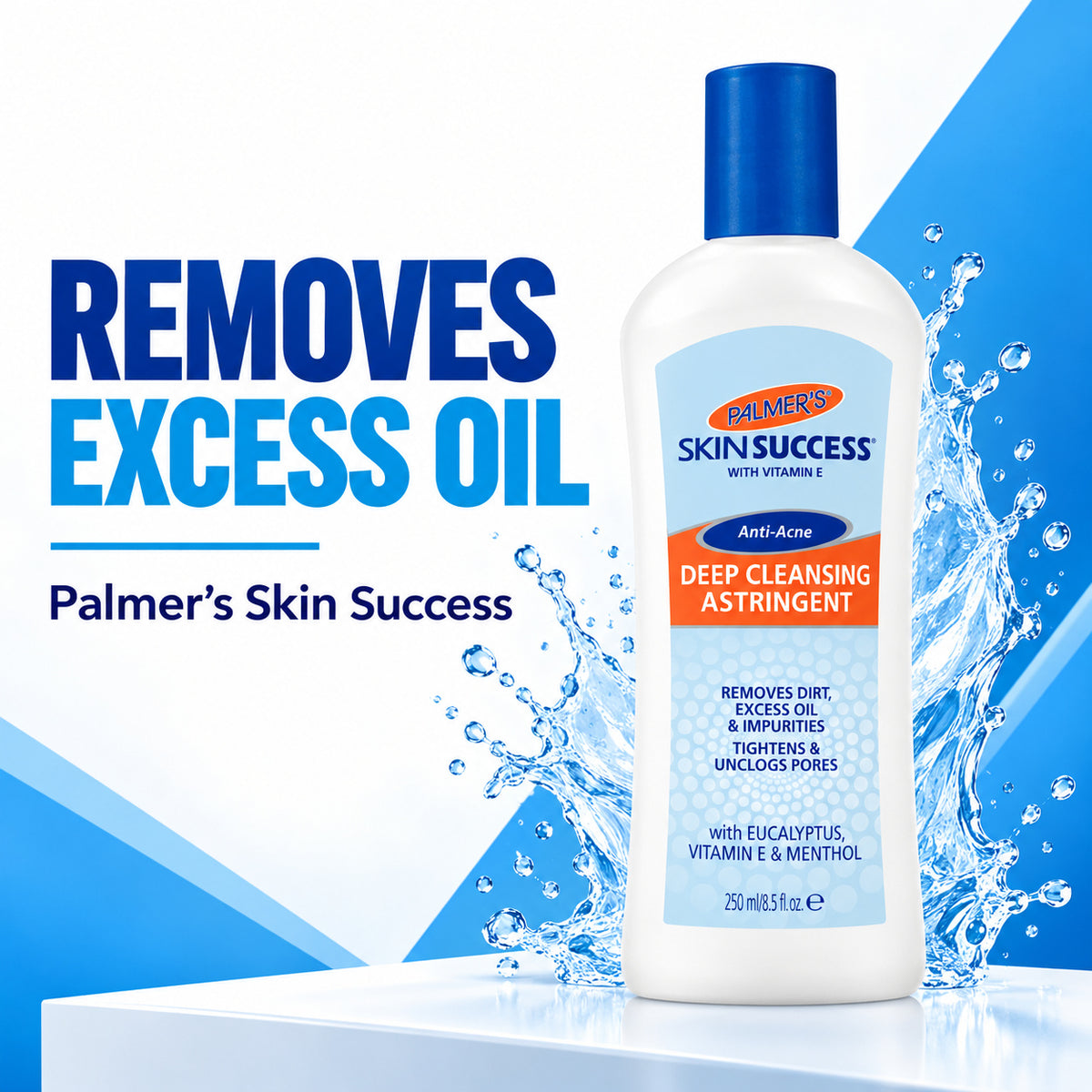 A bottle of Palmer's Skin Success Deep Cleansing Astringent with a blue cap, shown on a white and blue graphic background with water splash effects and text stating 'Removes Excess Oil'.