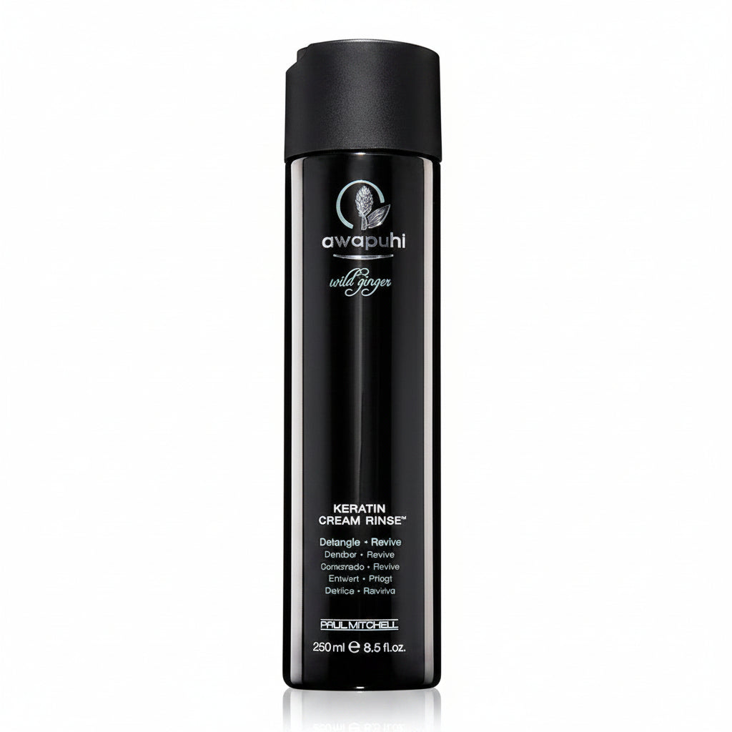 Black bottle of Awapuhi Wild Ginger Keratin Cream Rinse on a white background