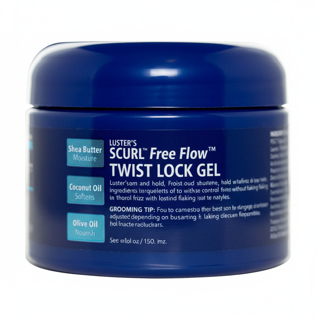 Blue jar of Luster's S Curl Free Flow Twist & Lock Gel with text on a white background