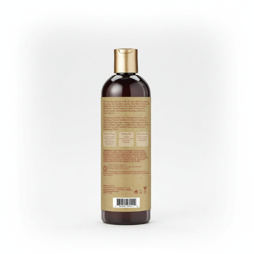 Bottle with a gold cap and brown label on a white background