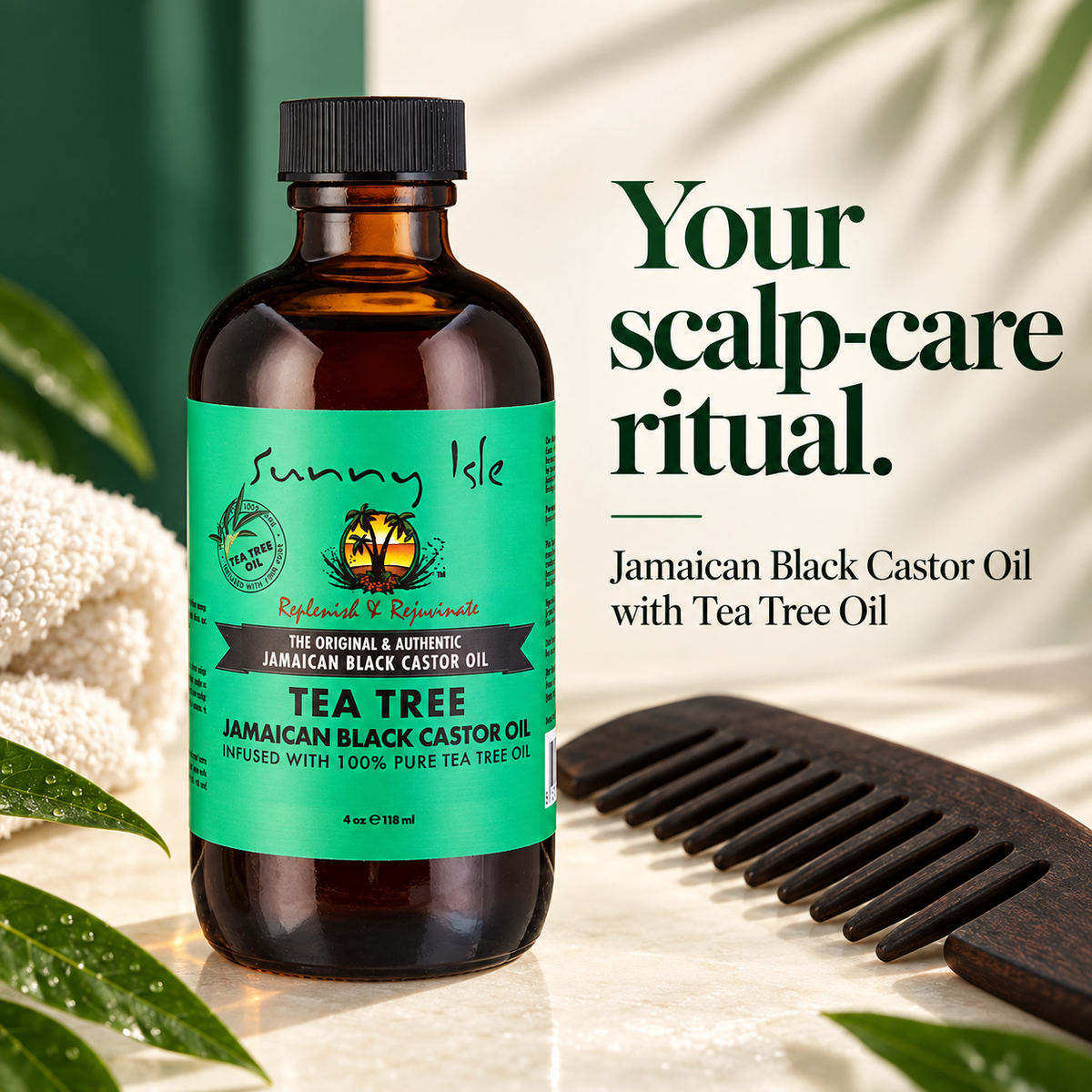 A bottle of Sunny Isle Tea Tree Jamaican Black Castor Oil stands on a light stone surface with decorative leaves, a white towel, and a wooden comb. Large text on the right reads, 'Your scalp-care ritual.