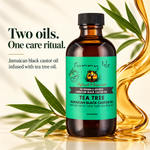 A bottle of Sunny Isle Jamaican Black Castor Oil with tea tree oil infusion, set against a warm cream background with decorative green leaves and a gold liquid swirl. Text on the left reads 'Two oils.