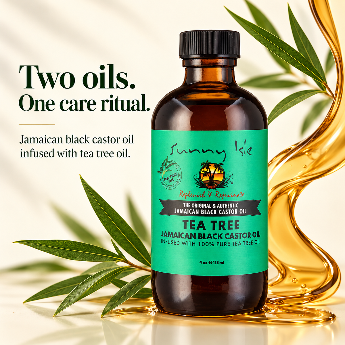 A bottle of Sunny Isle Jamaican Black Castor Oil with tea tree oil infusion, set against a warm cream background with decorative green leaves and a gold liquid swirl. Text on the left reads 'Two oils.
