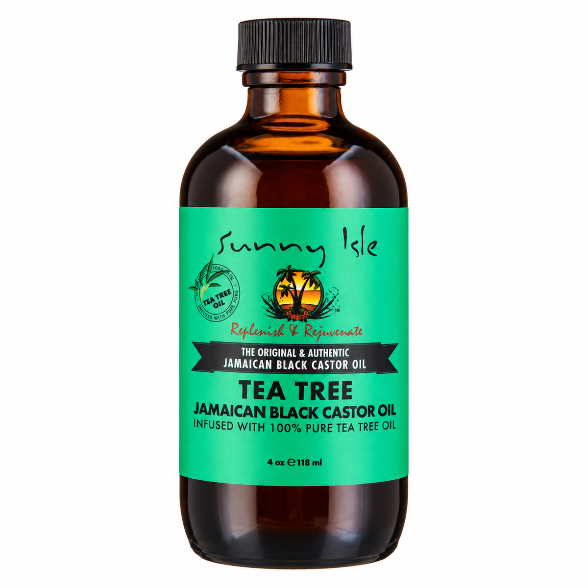 A 4 oz amber glass bottle of Sunny Isle Tea Tree Jamaican Black Castor Oil with a black cap and a bright green label, shown on a plain white background.