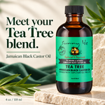 A bottle of Sunny Isle Jamaican Black Castor Oil stands on a stone slab with green leaves and draped fabric around it. Large text on the left reads, 'Meet your Tea Tree blend.